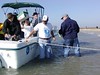SundownIsland > Jarrod White, Richard Brietzke and Gary Eskelson start unloading the boat. (Photo credit: Hannah Olson)