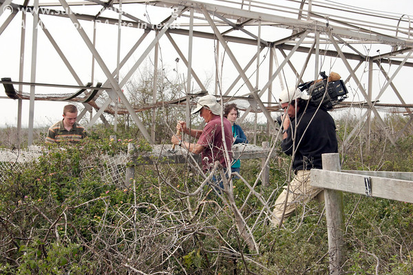 SundownIsland > Abe Moore (Texas Parks & Wildlife), with camera, was trying to position himself to take photos of Isaac and Ed Olson taking off the cyclone fencing. Hannah (green) was taking photos for the Web site.  (Photo credit: Marcy Spears)