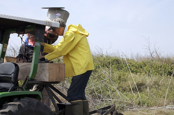 SundownIsland > Ed Taylor and Tim Wilkinson disconnect the spreader used for the fire ant killer just before putting the tractor away for the day. (Photo credit: Marcy Spears)