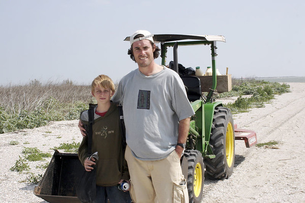 SundownIsland > Just before heading back, I asked Abe Moore and his key-grip, Ethan Vuichard to pose for a photo. The previous day Ethan took Abe fishing along Matagorda Bay. Abe is filming a documentary on Sundown Island for Texas Parks and Wildlife.  (Photo credit: Marcy Spears)