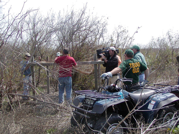 SundownIsland > Kyle Haley, Richard Prater and Jeremy Cecil remove the cyclone fencing on another nesting stand while Abe Moore films the event. Niell Irvin and Rob Muir (GLO) are standing by to help. (Photo credit: Rebeka Olson)