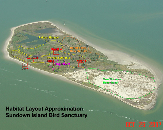 SundownIsland > Outlined on this aerial view of Sundown Island taken in October 2007 by Andrew N. Smith are the approximate areas of the popular breeding grounds. In the following photos, the approximate location of the birds is noted.