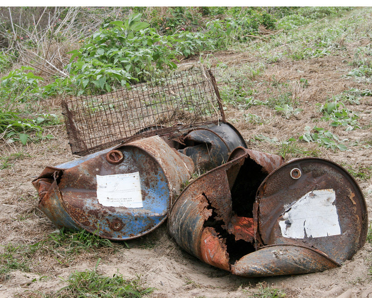 SundownIsland > Some of the smashed barrels. Most of these barrels were washed up on shore. Photo credit: Marcy Spears